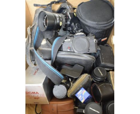 An Olympus OM-4 Ti camera, other assorted cameras, lenses and accessories (box) 