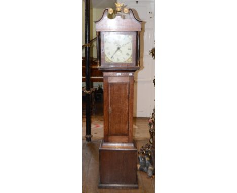 A longcase clock, the 27 cm square painted dial signed Honiton, with Roman numerals and subsidiary seconds dial, fitted a thi