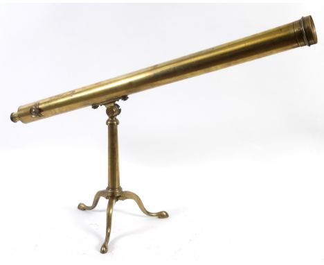 A 19th century 2½ inch brass library telescope, on a tripod stand, 114 cm long See illustration 