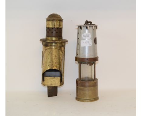 A John Lilley & Gillie Ltd brass miner's lamp, makers name stamped into collar, 26 cm high, and a J.H. Naylor of Wigan brass 