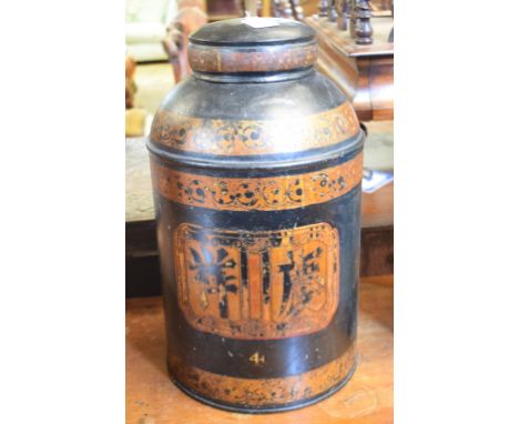 A 19th century toleware tea canister with chinoiserie decoration, mounted as a lamp, 54 cm high 