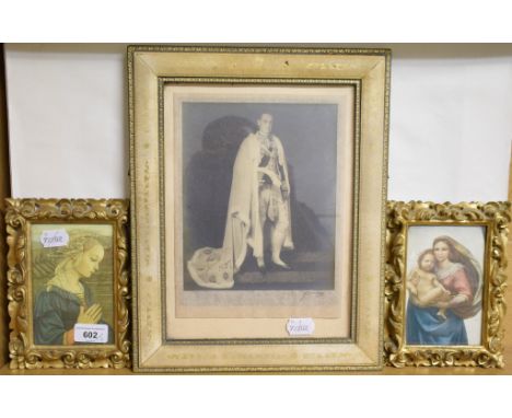 A photographic portrait, indistinctly signed and dated 1937, in Morroco leather frame, and two religious prints, in Florentin
