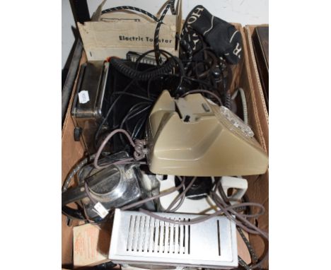 Two vintage telephones, a 1930's/40's toaster, and other similar items (box)All electronic appliances with need re-wiring, an