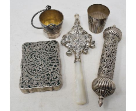A silver coloured metal box and cover, stamped .800, 8 cm wide, a silver coloured metal and mother of pearl rattle, and three