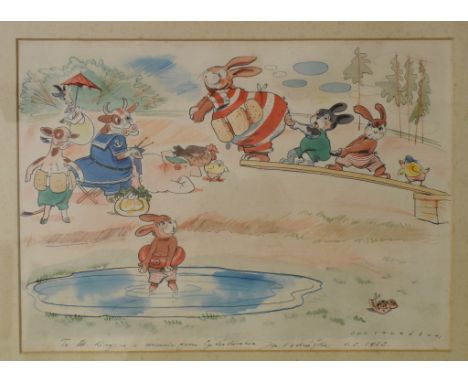 Jaroslav Vodrazka (Czech), a cartoon scene, with various farm animals playing on a diving board, watercolour, signed, gift in