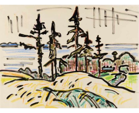 Schmidt-Rottluff, Karl1884 Rottluff - 1976 BerlinUntitled (Landschaft). 1960s. India ink and grease crayon in colours on vell