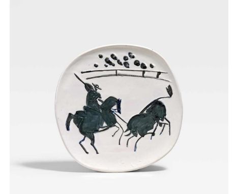 Picasso, Pablo1881 Malaga - 1973 MouginsPicador and bull. 1953. White earthenware clay, partly oxidised/enamelled. 25.5 x 25 