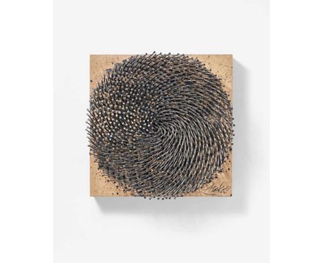 Uecker, Günther1930 Wendorf"Dunkle Spirale". 1983. Hammered nails and paint on canvas, pulled over wood. 60x 60 x 18cm.  Sign