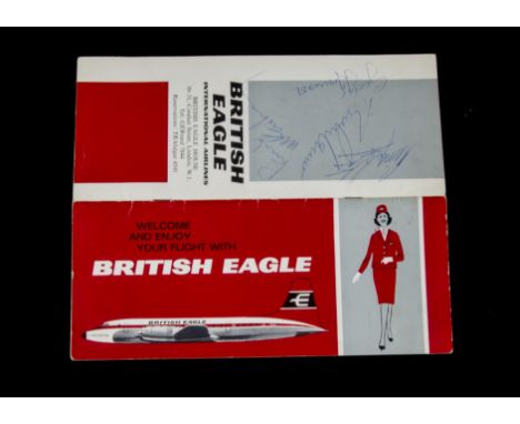 A British Eagle Brochure signed by all four Beatles, with A British Eagle Airlines Shoulder bag lettered 'Beatles On British 