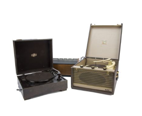 Record players,  a Columbia record player, Model 232, in wood case, 1947; an HMV autochange model with Garrard 3-speed deck, 