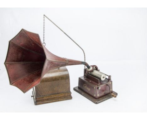 A phonograph, Edison red Gem, Model D No. 349207, with Model K reproducer and maroon Fireside horn (some corrosion on horn, m