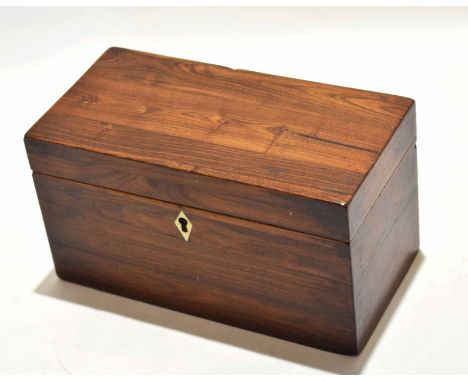 19th century rosewood tea caddy with fitted interior (lacking mixing bowl) with ivory escutcheon, 25cm wide x 13cm deep x 14c