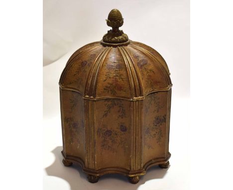 20th century painted composition storage box in Oriental style, having concave fronted panels, finial to the hinged lid, 42cm