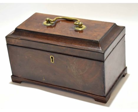 Georgian mahogany table top tea caddy fitted interior with three compartments with ebonised detail and brass top handle raise