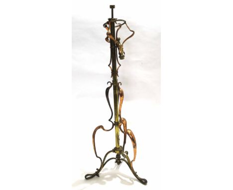Art Nouveau oxidised metal standard lamp of scroll work design (for restoration), approx 151cm tall (a/f)