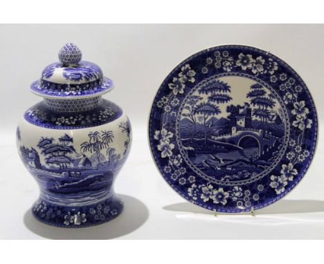 Large Spode blue tower jar and cover with matching base, 30cm high 