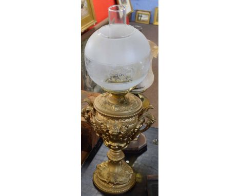 Victorian and later gilt metal mounted oil lamp with globular opaque shade, 65cm high