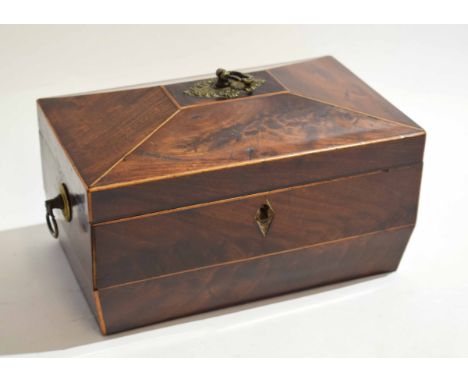 Georgian mahogany sarcophagus formed tea caddy with satinwood stringing with top brass handle with two compartments to interi