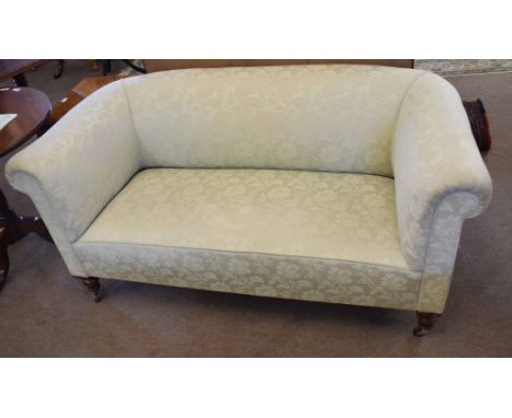 Small 20th century Chesterfield sofa upholstered in light green damask material, 140cm wide x 70cm deep