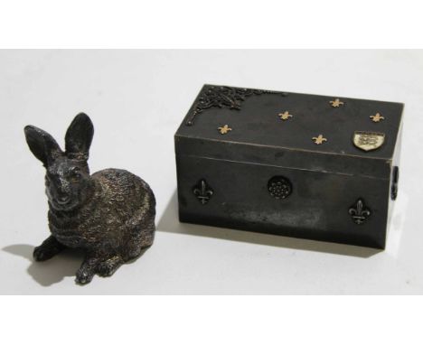 Souvenir oxidised metal ring box of chest form featuring enamelled plaque "Jersey" and fleur de lys emblems, 9cm x 5cm x 4cm 