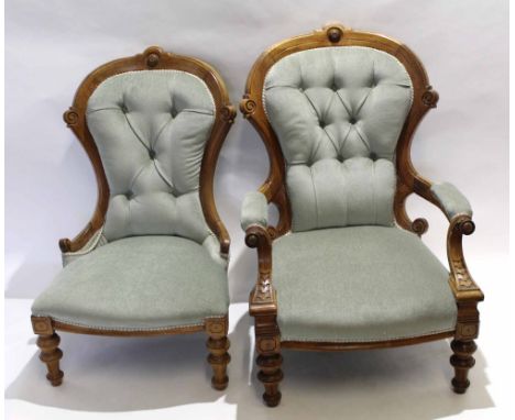 Mid/late Victorian light walnut framed gentleman's elbow chair, the spoon shaped button back, seat and arms upholstered in pa