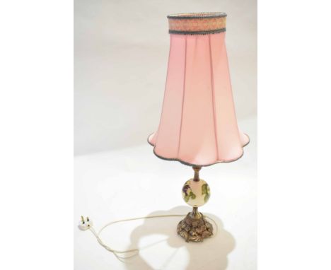 Composition based oil lamp with Moorcroft spherical ceramic centre, pink shade, overall height 82cm 