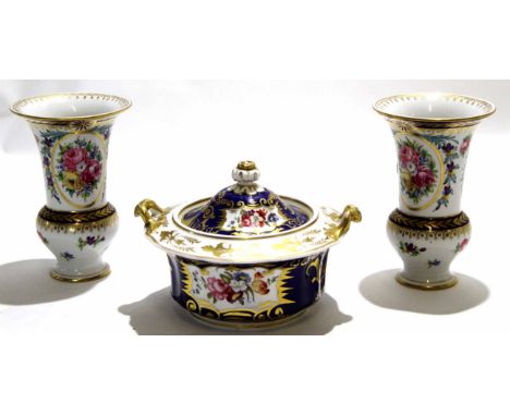 Pair of Continental porcelain Sevres style vases with floral decoration together with an English Porcelain Derby style sucrie