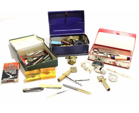 Mixed Lot: various vintage pens and pen-knives, corkscrew, whistle, Watkins bee-meter, miniature fishing reel, and other oddm