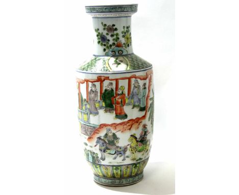 Large Chinese porcelain Rouleau type vase decorated in a famille vert palette with Chinese figures by a fence in Kangxi style