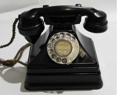 GPO vintage black Bakelite telephone, model number 6BF, separate bell unit, light bulb alert, brown cords
