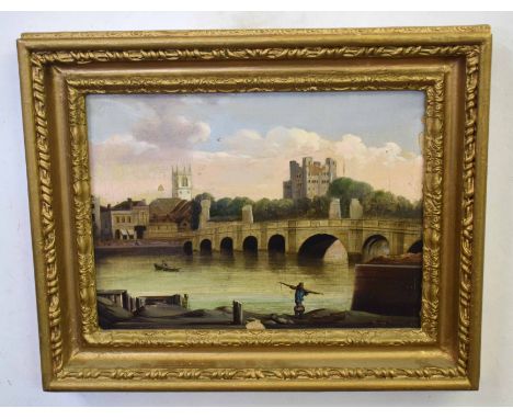 Hopper, signed and dated 1857 to lower left, oil on canvas, River scene with bridge and distant castle, 22 x 30cm