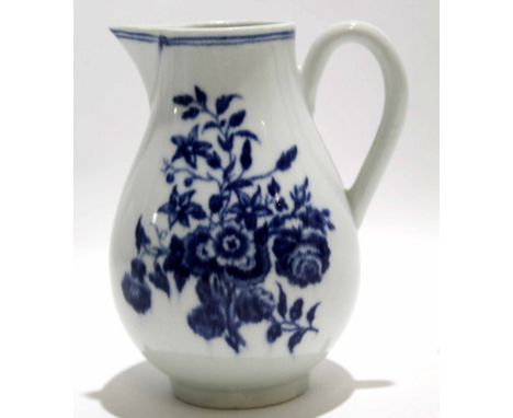 18th century Worcester blue and white jug with printed floral pattern, 12cm high 