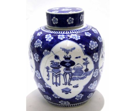 Large Chinese porcelain Qing Dynasty jar and cover, the globular body with prunus and finely painted panels of precious objec
