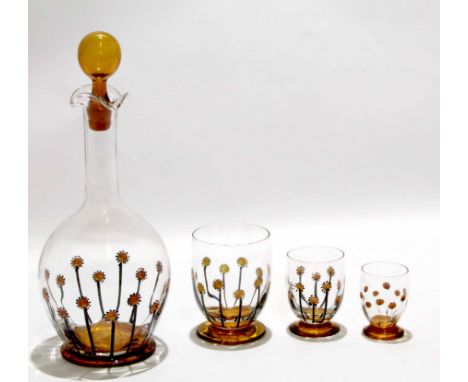 French globe and shaft decanter with enamelled naive type flowers in black and brown, together with three tumblers of varying