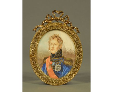 After Francois Gerard (French 1770-1837), a portrait miniature "Marshall of the Empire Michel Ney" wearing blue jacket with g