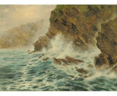 R. Lubos, oil on canvas, coastal scene with rocks and gulls.  50 cm x 66 cm, framed, signed verso.