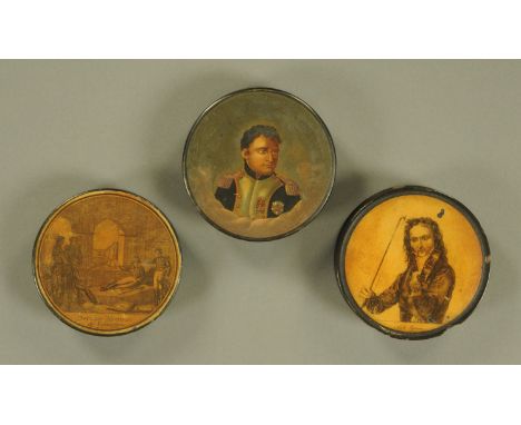 Three 19th century papier mache snuffboxes, two depicting Napoleon, the third Paganini.  Each diameter 8.5 cm.  CONDITION REP