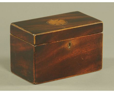 A George III inlaid mahogany tea caddy, with two interior compartments.  Width 18.5 cm. 