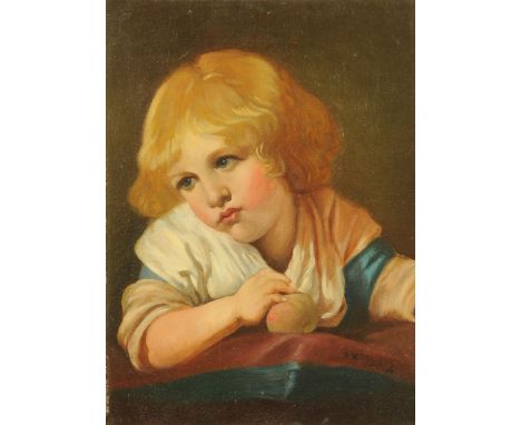 G.W. (20th century English School), portrait of a young girl holding an apple, initialled G.W. and dated March '06, oil on ca