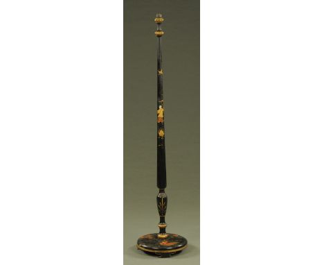 A chinoiserie black lacquered and painted lamp standard, with tasselled shade.  