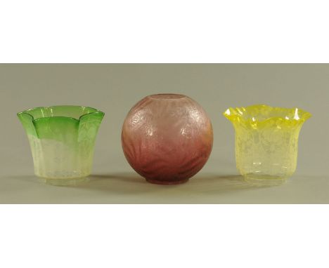 Three Victorian glass oil lamp shades, yellow, red and green. CONDITION REPORT: The red shade is in good order with no cracks