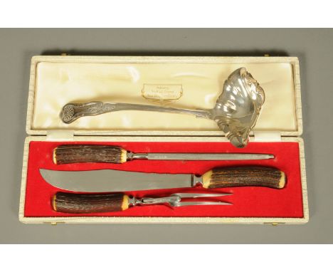 A silver plated ladle Kings pattern, together with a horn handled carving set.