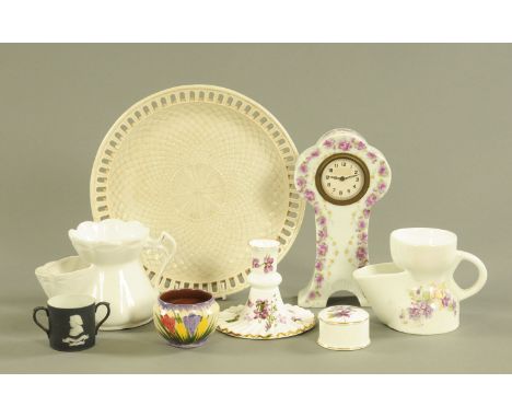 A Wedgwood Museum two handled cup diameter 5 cm, and two shaving mugs, a Hammersley Victorian Violets candlestick, porcelain 