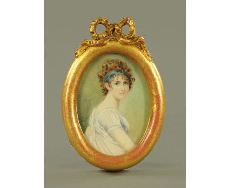 After Jacques-Louis David, a portrait miniature on ivory of Madame Recamier, Sonia, mounted within a gilt frame surmounted by