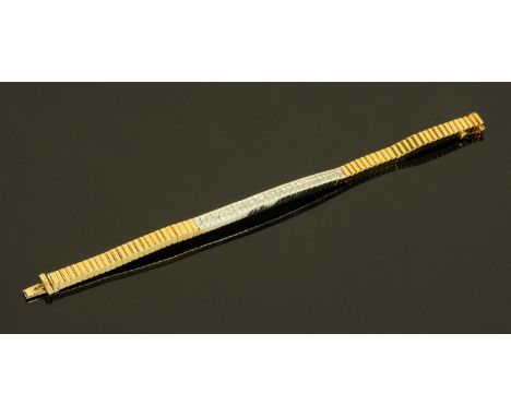A Continental white and yellow gold bracelet, the white gold set with 56 square diamonds, with pillar shaped links, stamped 1