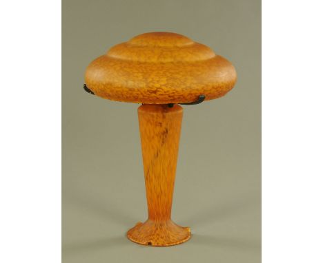 A mid 20th century Tiffany style glass table lamp with mushroom shaped shade.  Height 50 cm, shade diameter +/- 36 cm.