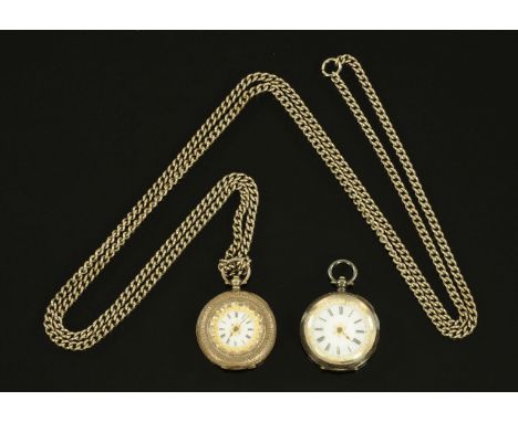 Two foliate engraved silver cased fob watches, each with ceramic dials and one with guard chain.