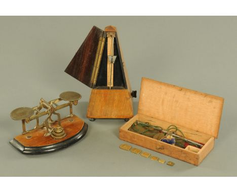 A pair of 18th century steel chemist scales, with brass hands and gilt metal weights all within an oak made up box together w