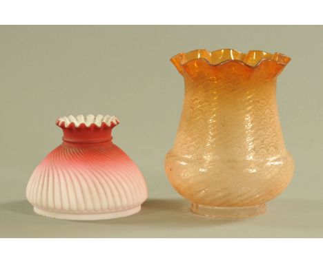 A Victorian glass oil lamp shade, orange and etched, diameter +/- 16 cm, and a stain glass shade, diameter 16 cm. CONDITION R