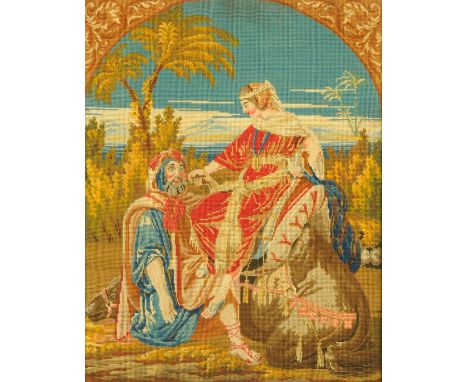 A 19th century woolwork tapestry, figures with camel in landscape.  56 cm x 43 cm, framed. 